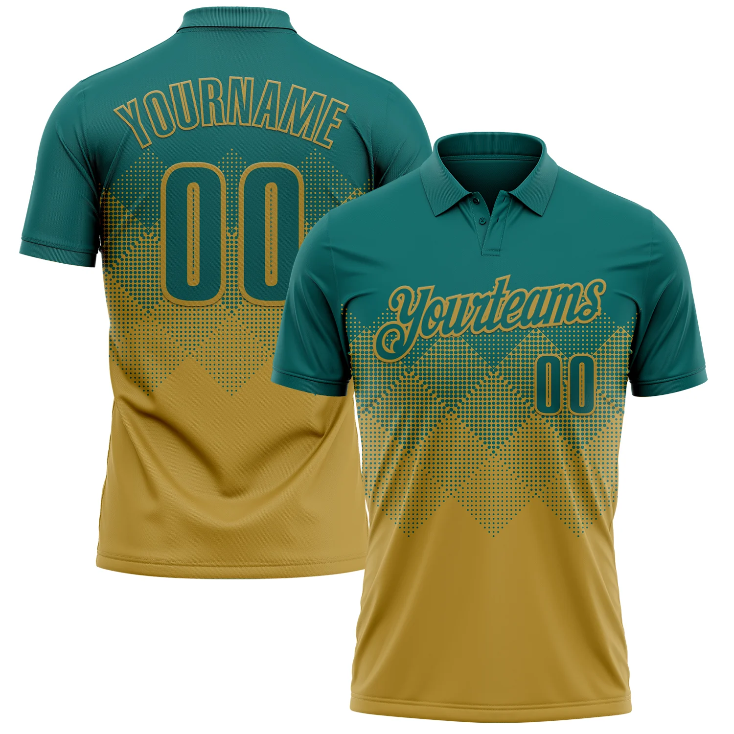 Custom Teal Old Gold 3D Gradient Square Shape Performance Polo Shirt