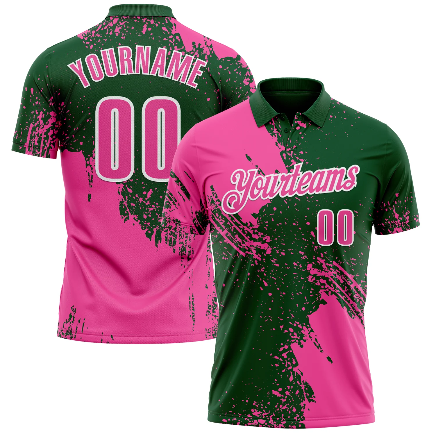 Custom Pink Green-White 3D Pattern Design Abstract Brush Stroke Performance Polo Shirt