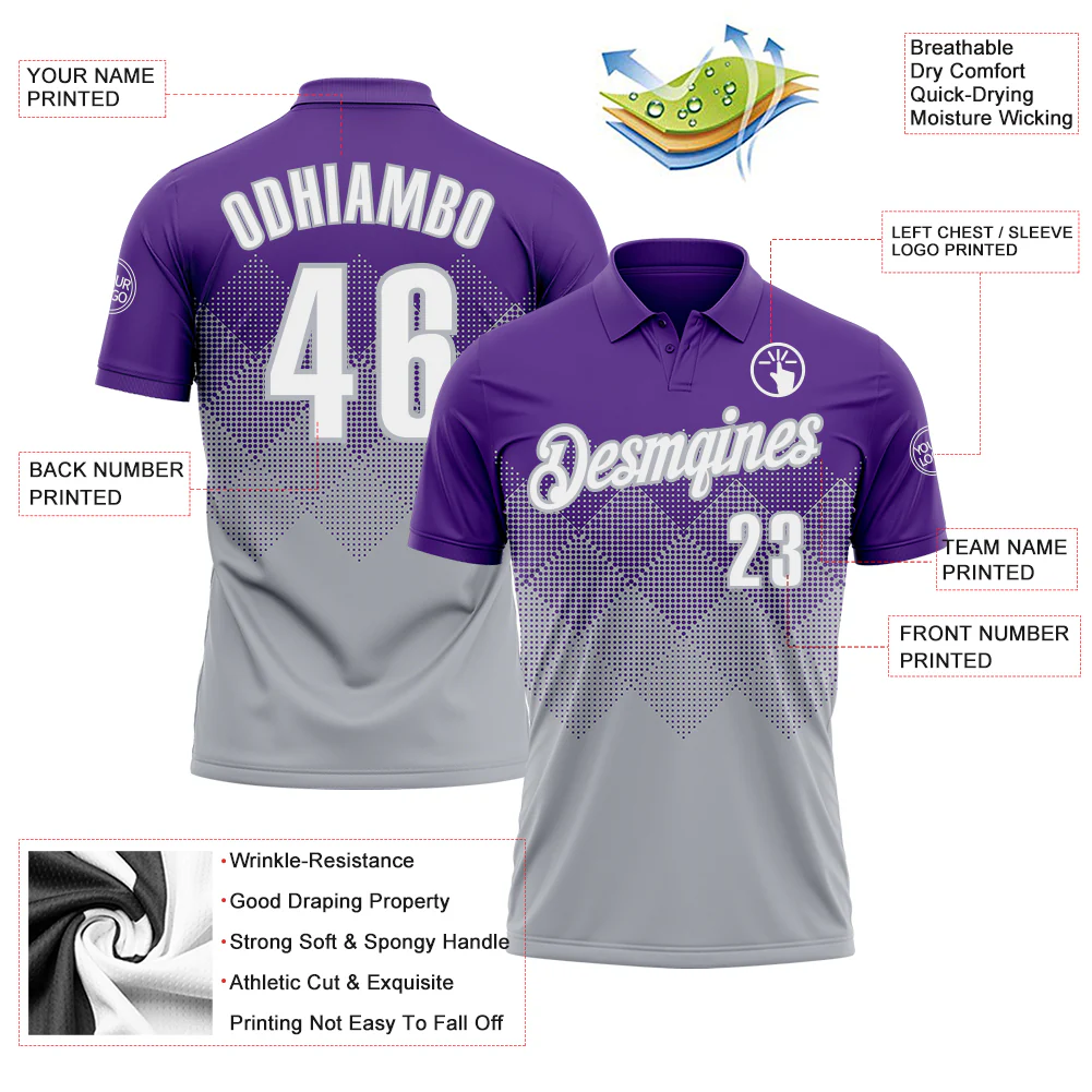 Custom Purple White-Gray 3D Gradient Square Shape Performance Polo Shirt