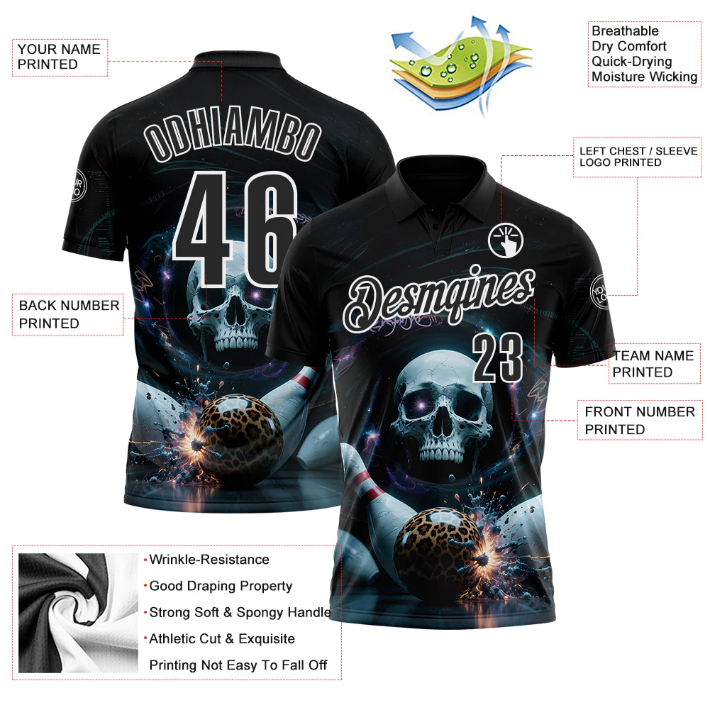 Custom Black White 3D Galaxy Leopard Print Skull Bowling Performance Polo Shirt
