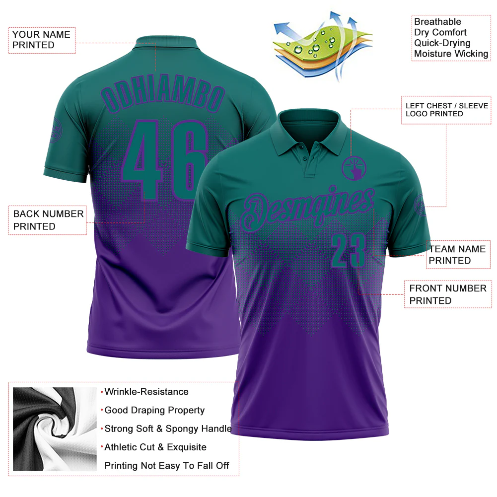 Custom Teal Purple 3D Gradient Square Shape Performance Polo Shirt