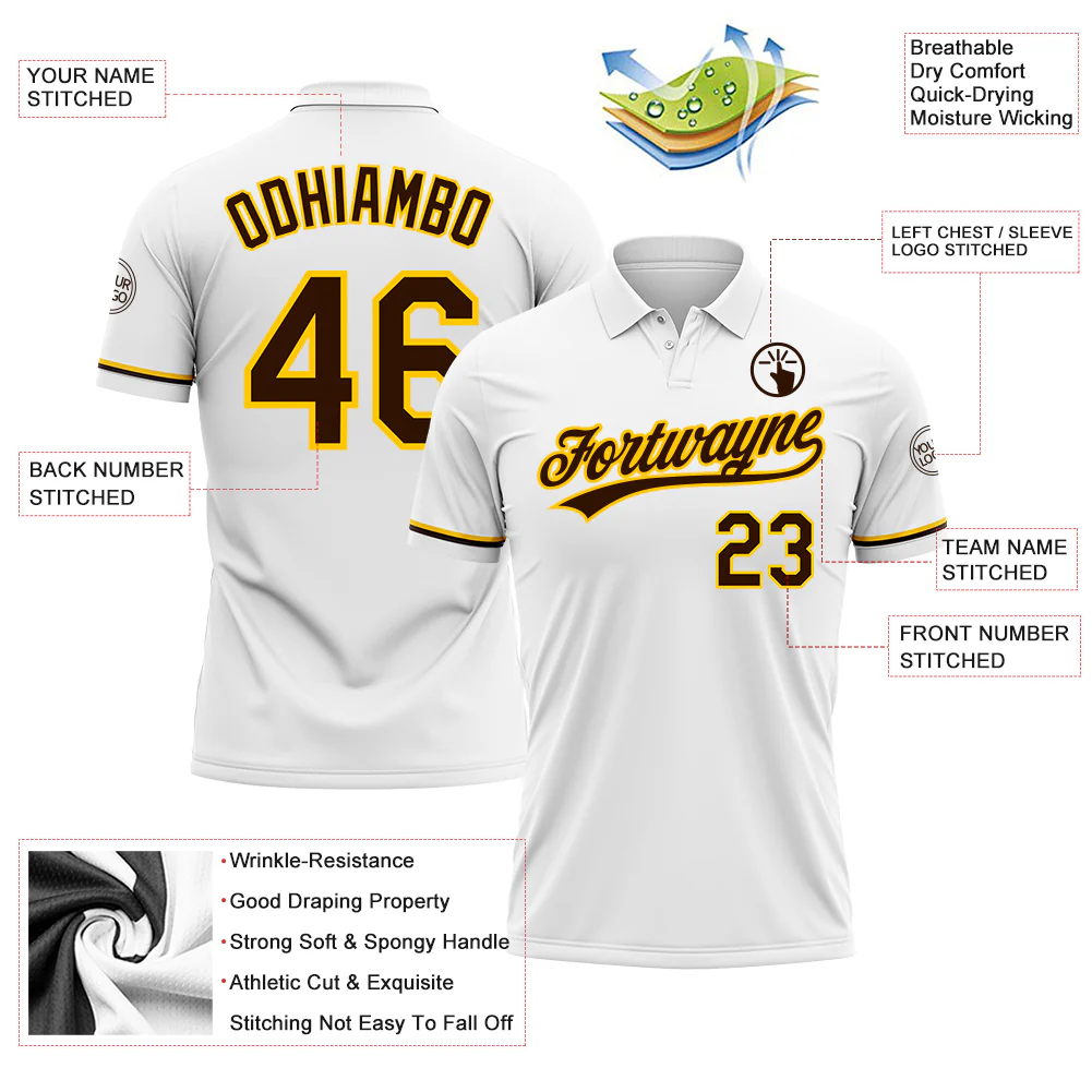 Custom White Brown-Yellow Performance Vapor Golf Polo Shirt