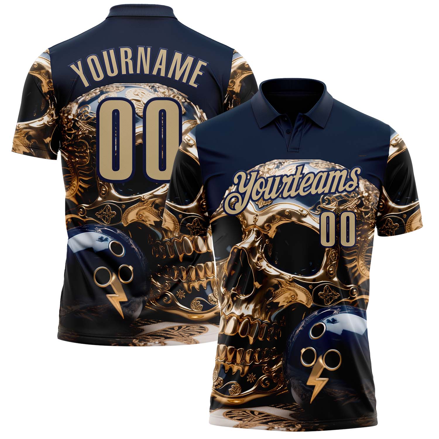Custom Navy Vegas Gold 3D Metal Skull Bowling Performance Polo Shirt