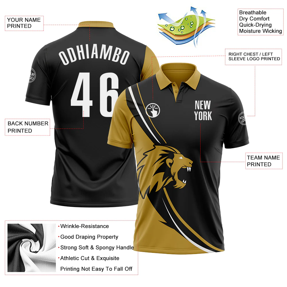 Custom Black White-Old Gold 3D Pattern Design Animal Lion Performance Polo Shirt