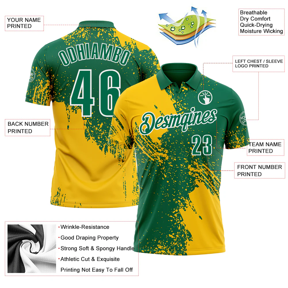 Custom Yellow Kelly Green-White 3D Pattern Design Abstract Brush Stroke Performance Polo Shirt