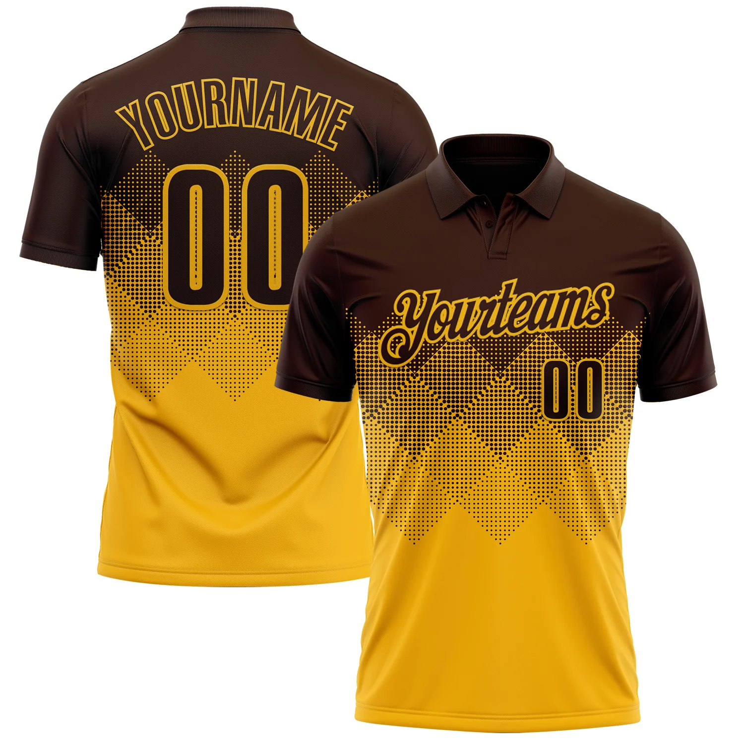 Custom Brown Gold 3D Gradient Square Shape Performance Polo Shirt