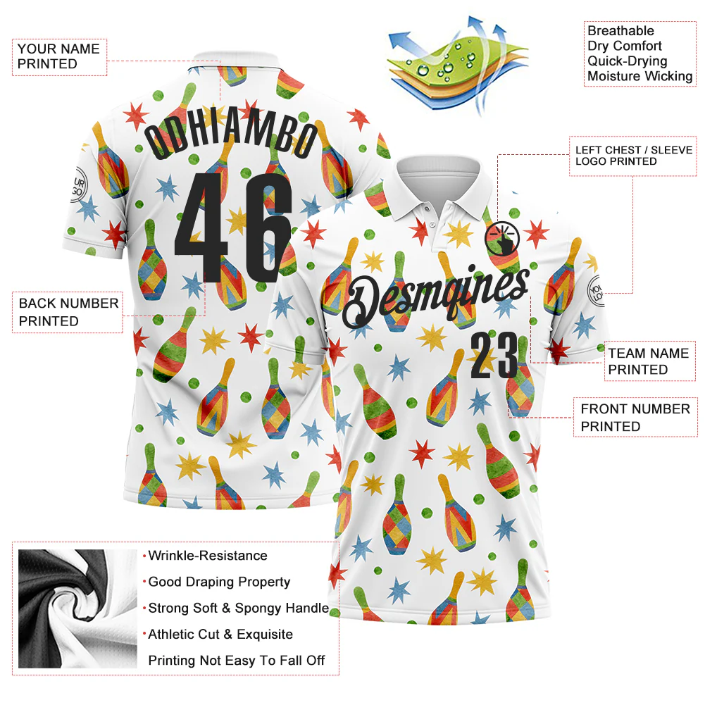 Custom White Black 3D Bowling Watercolor Performance Polo Shirt