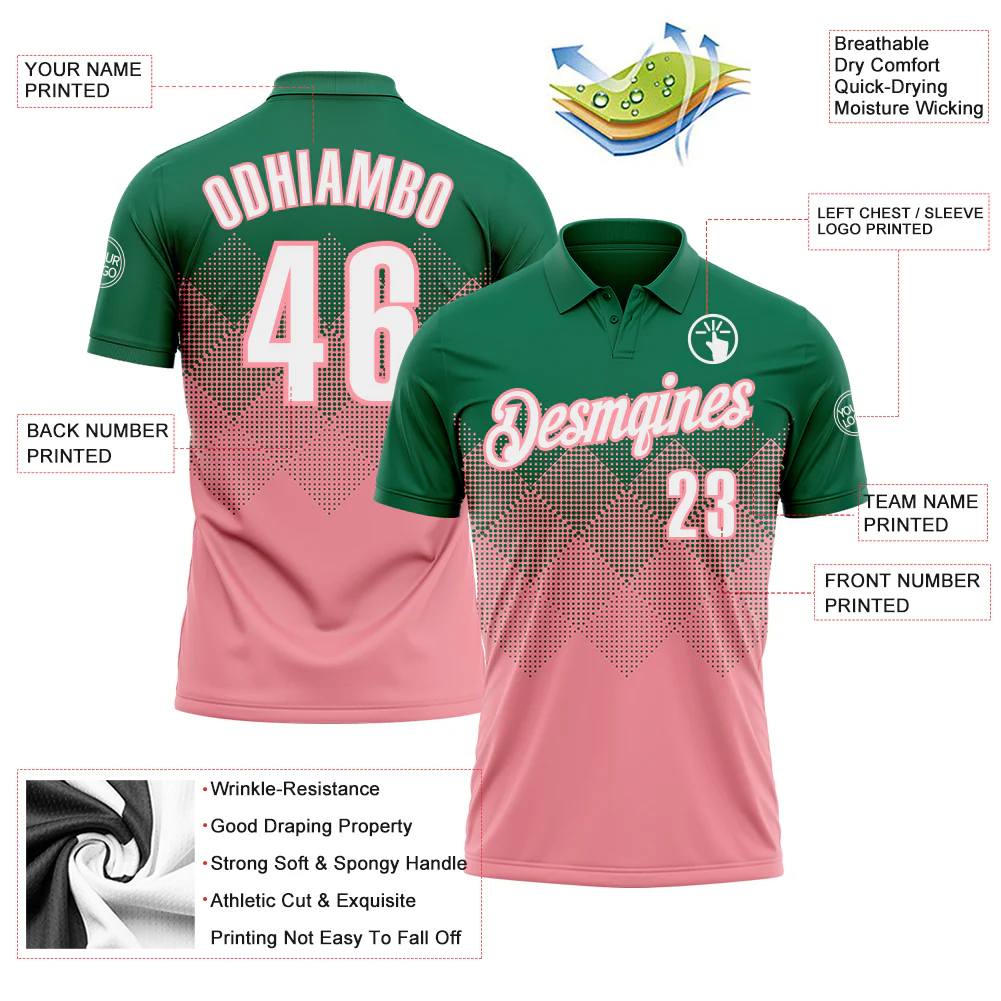 Custom Kelly Green White-Medium Pink 3D Gradient Square Shape Performance Polo Shirt