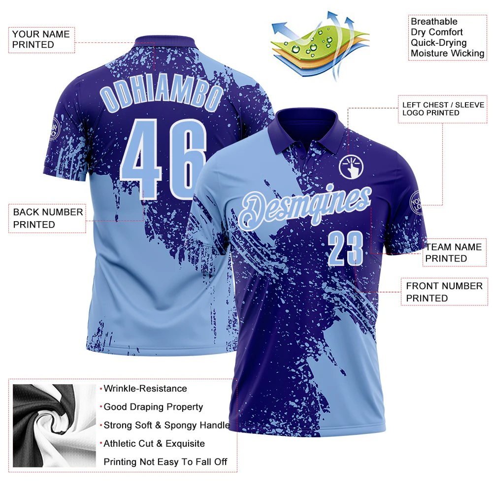 Custom Light Blue Dark Purple-White 3D Pattern Design Abstract Brush Stroke Performance Polo Shirt
