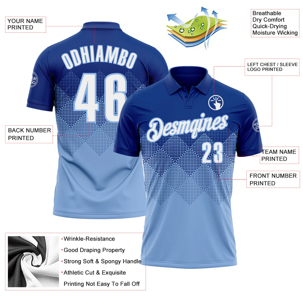 Custom Royal White-Light Blue 3D Gradient Square Shape Performance Polo Shirt