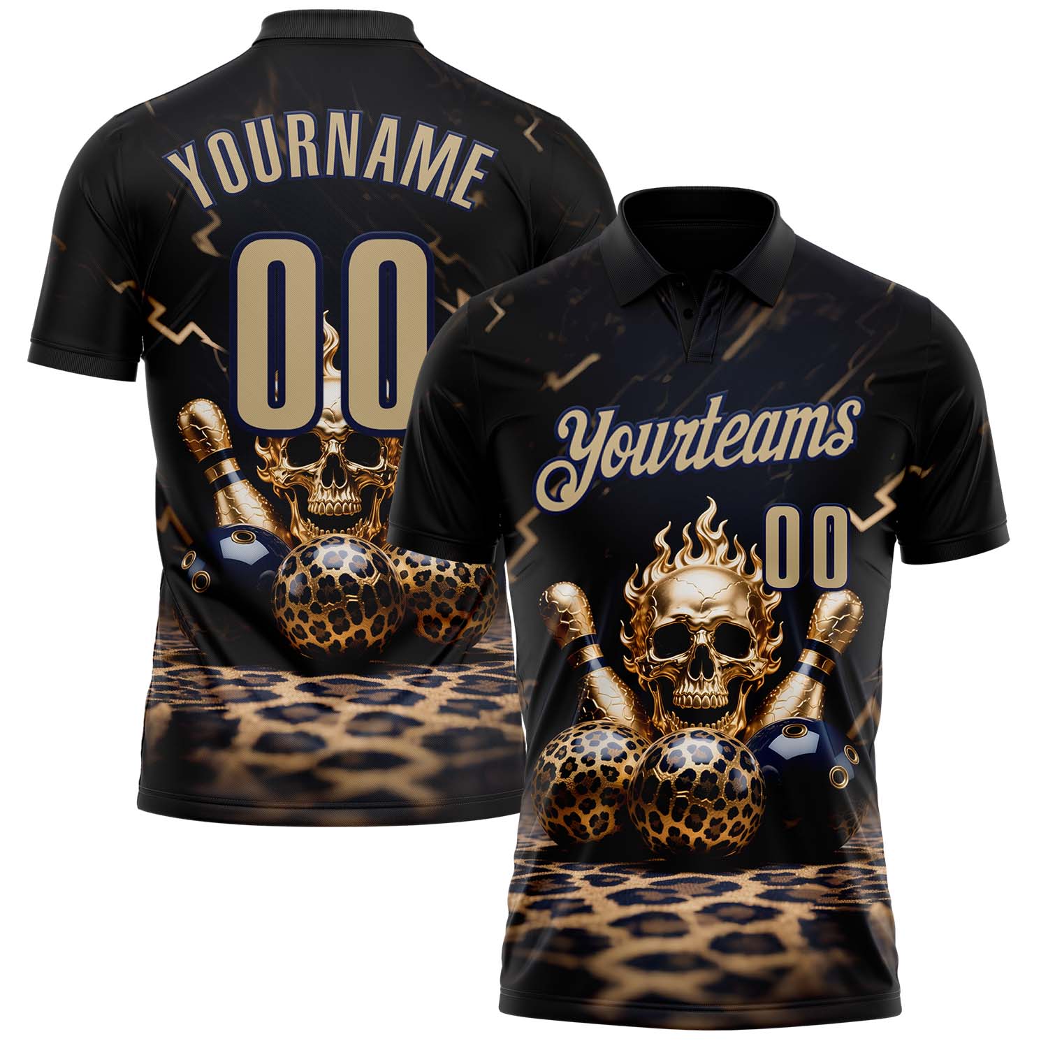 Custom Black Vegas Gold-Navy 3D Leopard Print Metal Skull Bowling Performance Polo Shirt