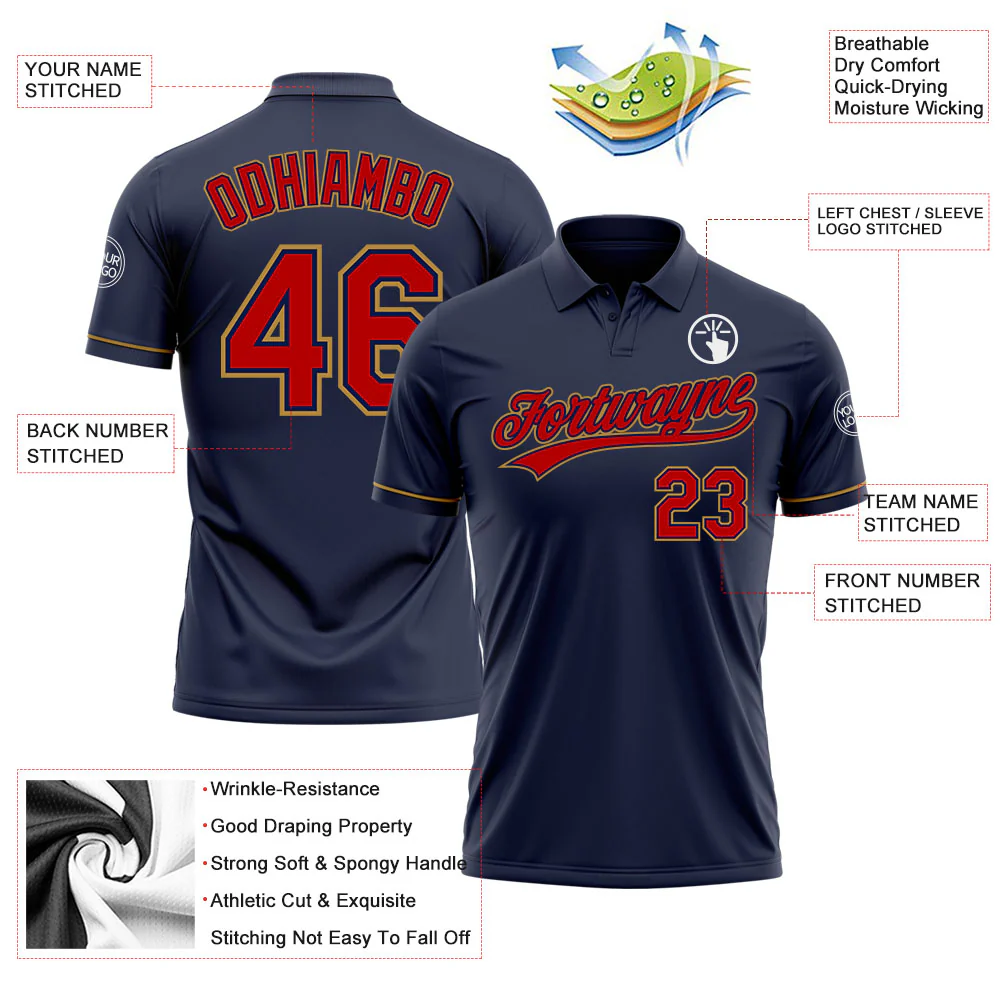 Custom Navy Red-Old Gold Performance Vapor Golf Polo Shirt