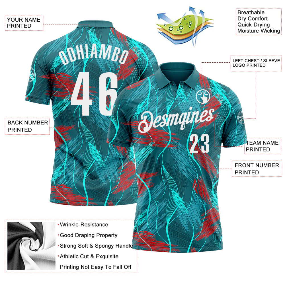 Custom Teal Red-White 3D Bowling Line Performance Polo Shirt