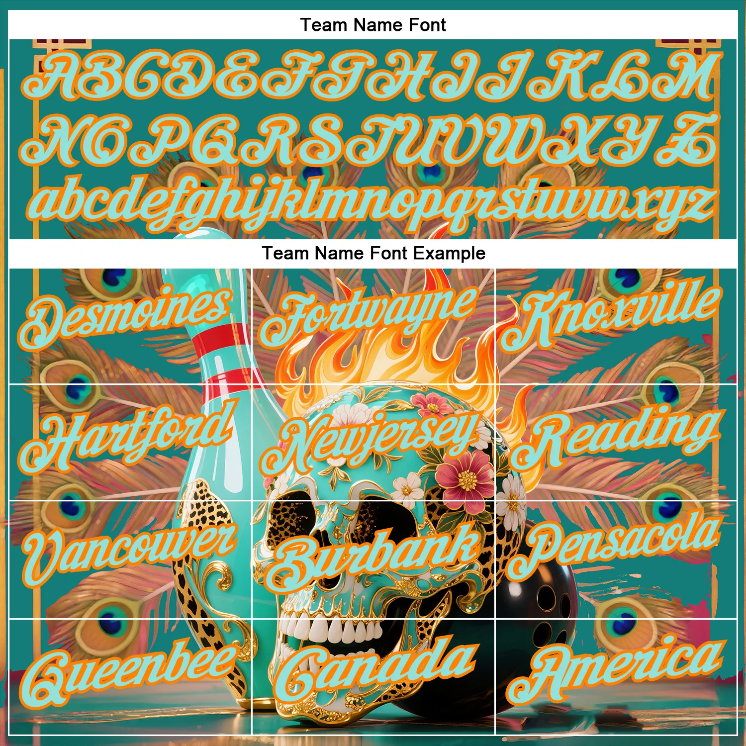 Custom Blue Ice Blue-Bay Orange 3D Peacock Flame Skull Bowling Performance Polo Shirt