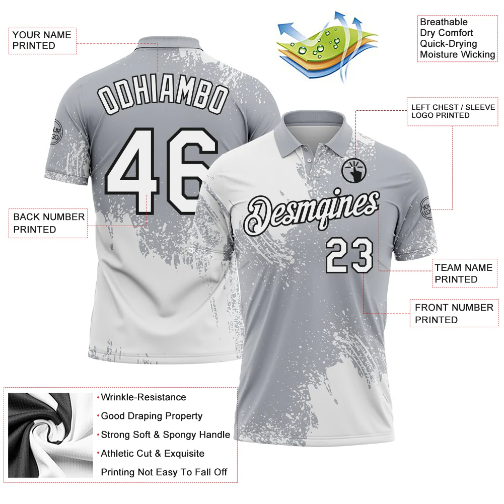 Custom White Gray-Black 3D Pattern Design Abstract Brush Stroke Performance Polo Shirt