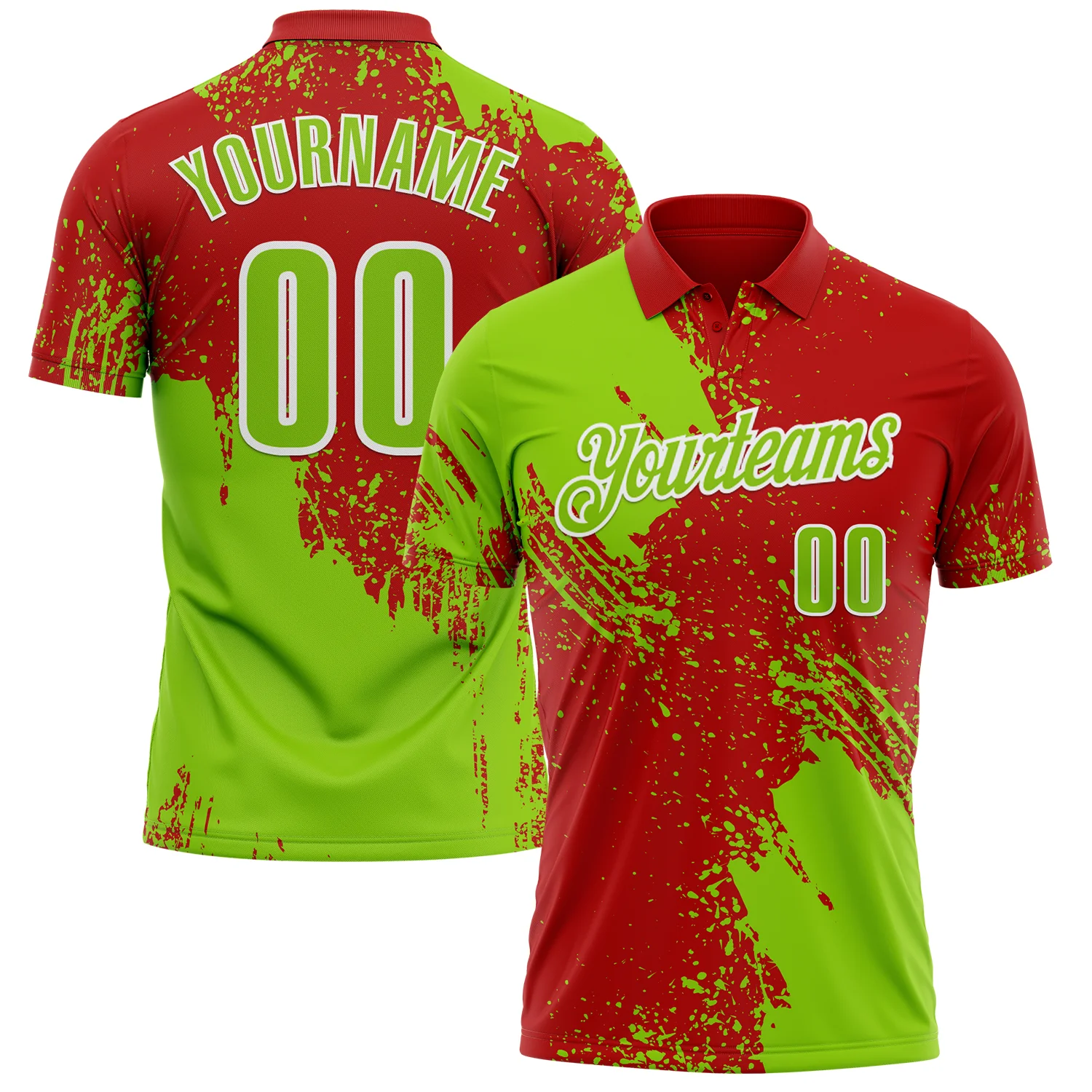 Custom Neon Green Red-White 3D Pattern Design Abstract Brush Stroke Performance Polo Shirt
