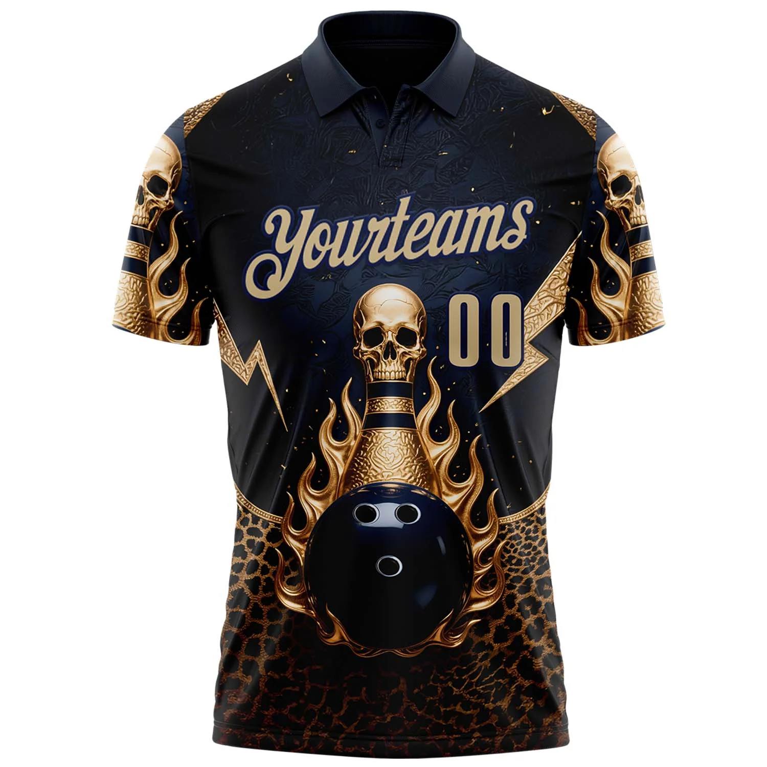 Custom Navy Vegas Gold 3D Leopard Print Metal Skull Bowling Performance Polo Shirt