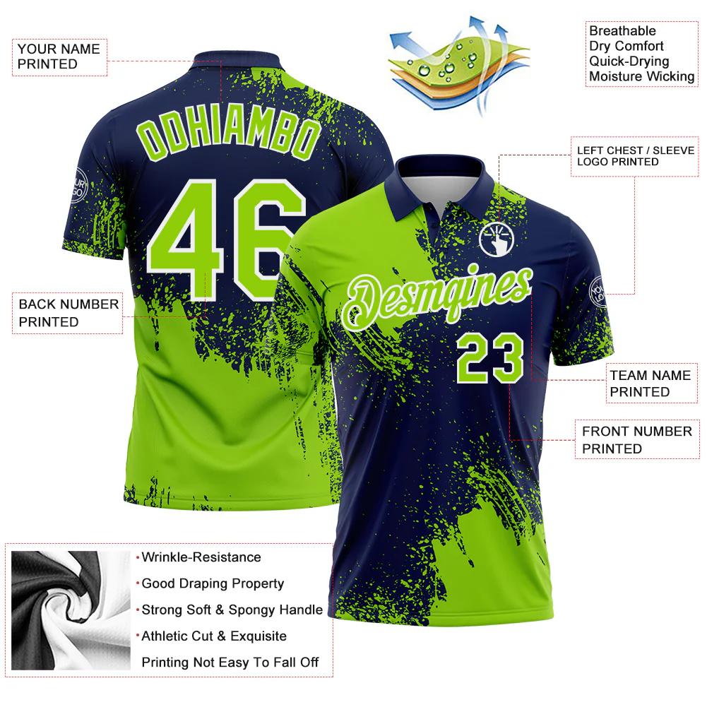 Custom Neon Green Navy-White 3D Pattern Design Abstract Brush Stroke Performance Polo Shirt