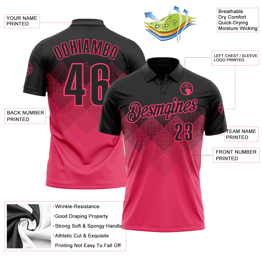 Custom Black Neon Pink 3D Gradient Square Shape Performance Polo Shirt