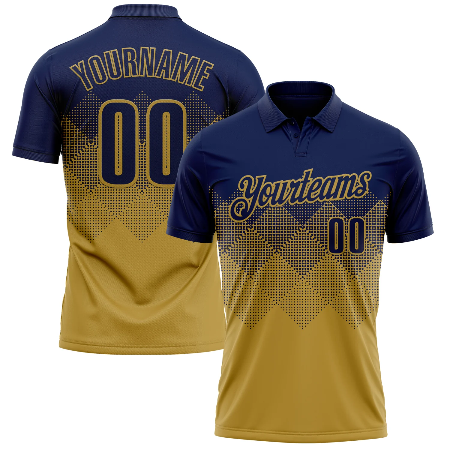 Custom Navy Old Gold 3D Gradient Square Shape Performance Polo Shirt