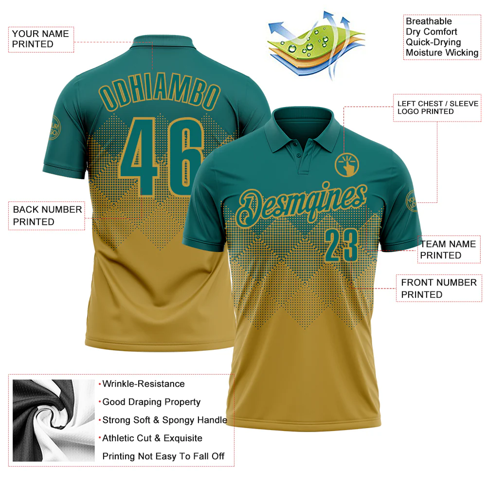 Custom Teal Old Gold 3D Gradient Square Shape Performance Polo Shirt