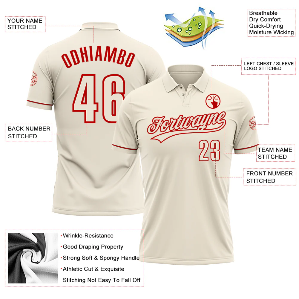 Custom Cream Red Performance Vapor Golf Polo Shirt