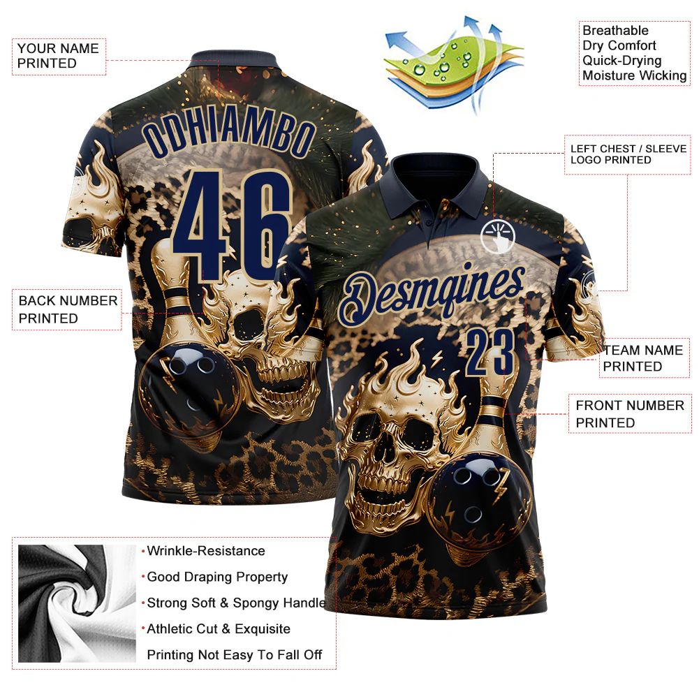 Custom Navy Vegas Gold 3D Leopard Print Metal Skull Bowling Performance Polo Shirt
