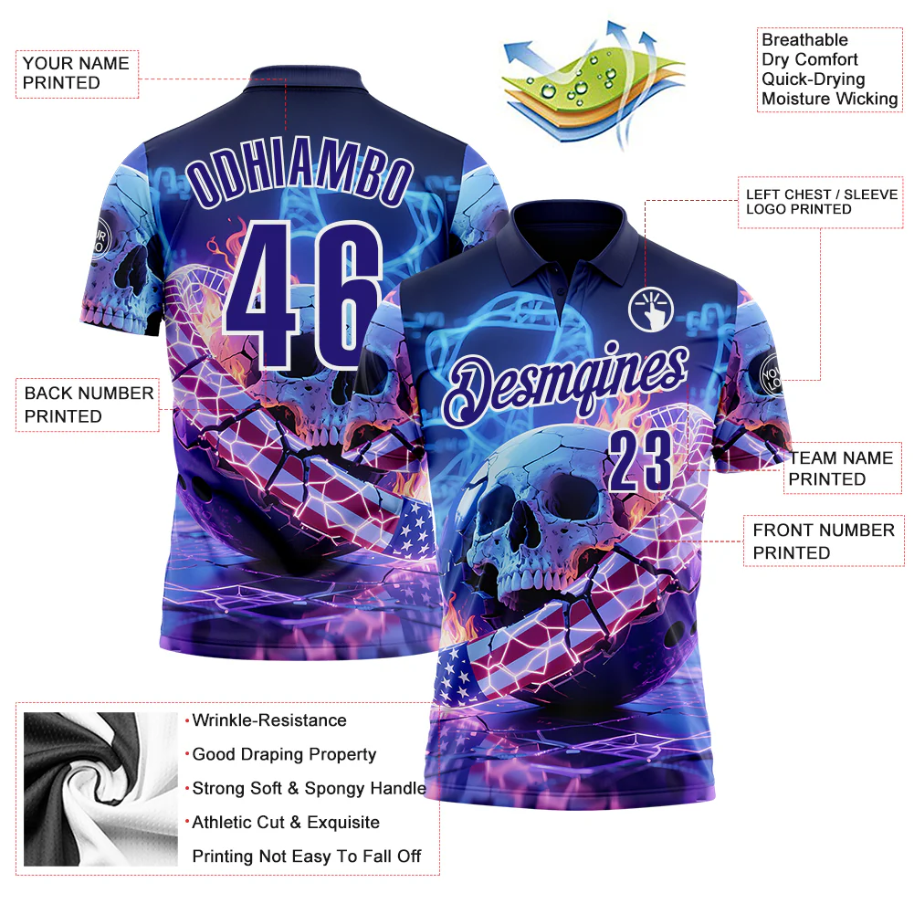 Custom Navy Dark Purple-White 3D American Flag Flame Lightning Skull Bowling Performance Polo Shirt