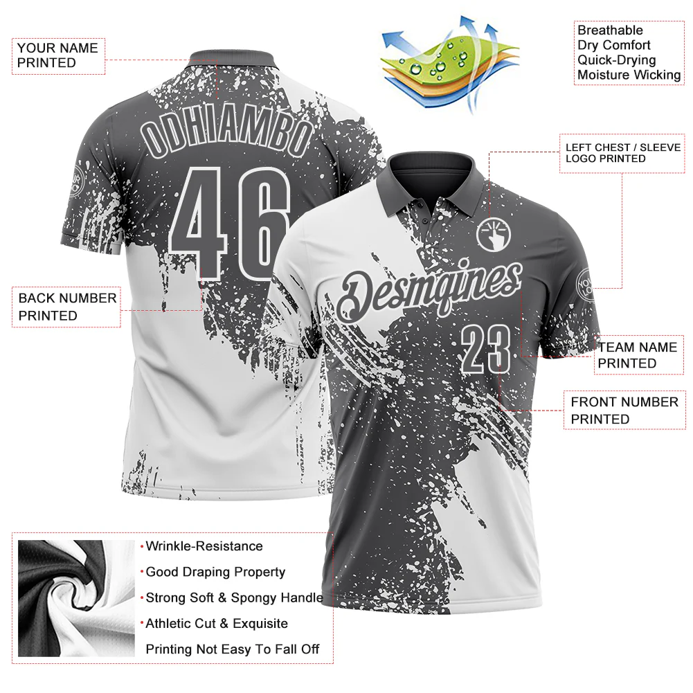 Custom White Steel Gray 3D Pattern Design Abstract Brush Stroke Performance Polo Shirt