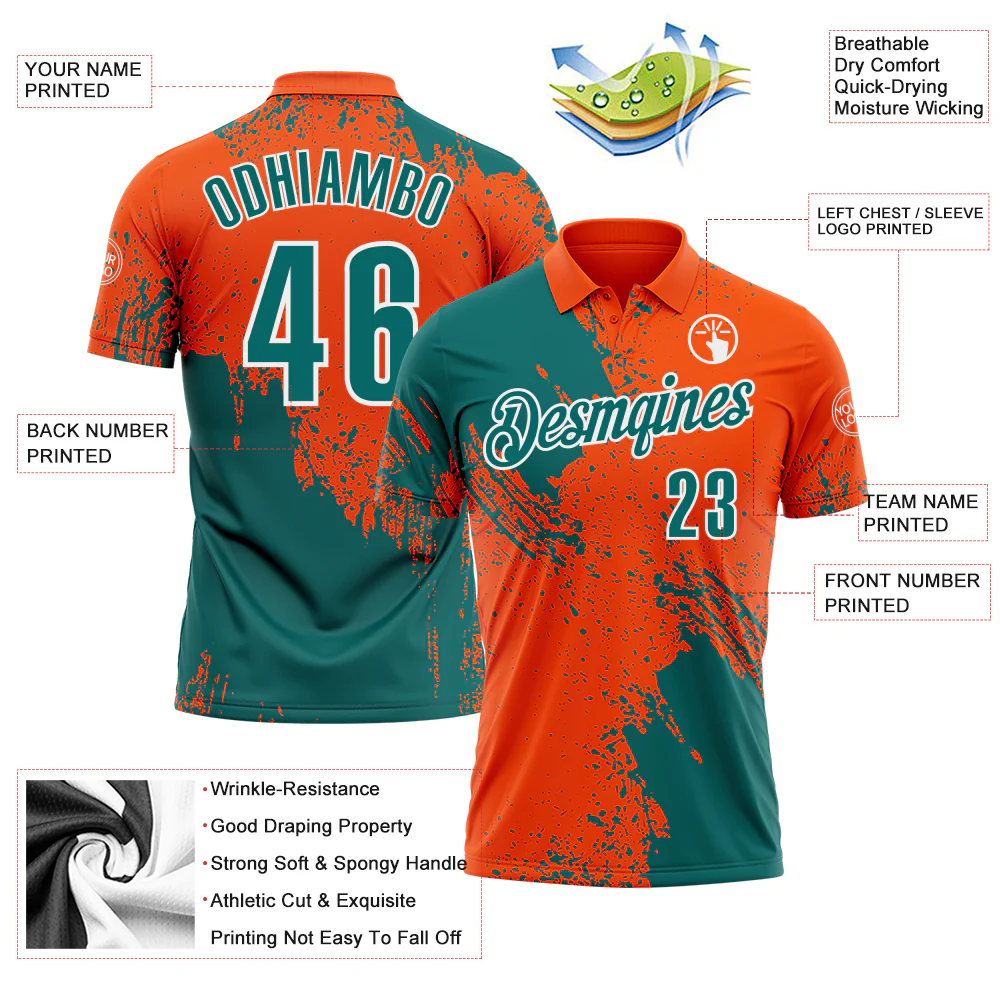 Custom Teal Orange-White 3D Pattern Design Abstract Brush Stroke Performance Polo Shirt