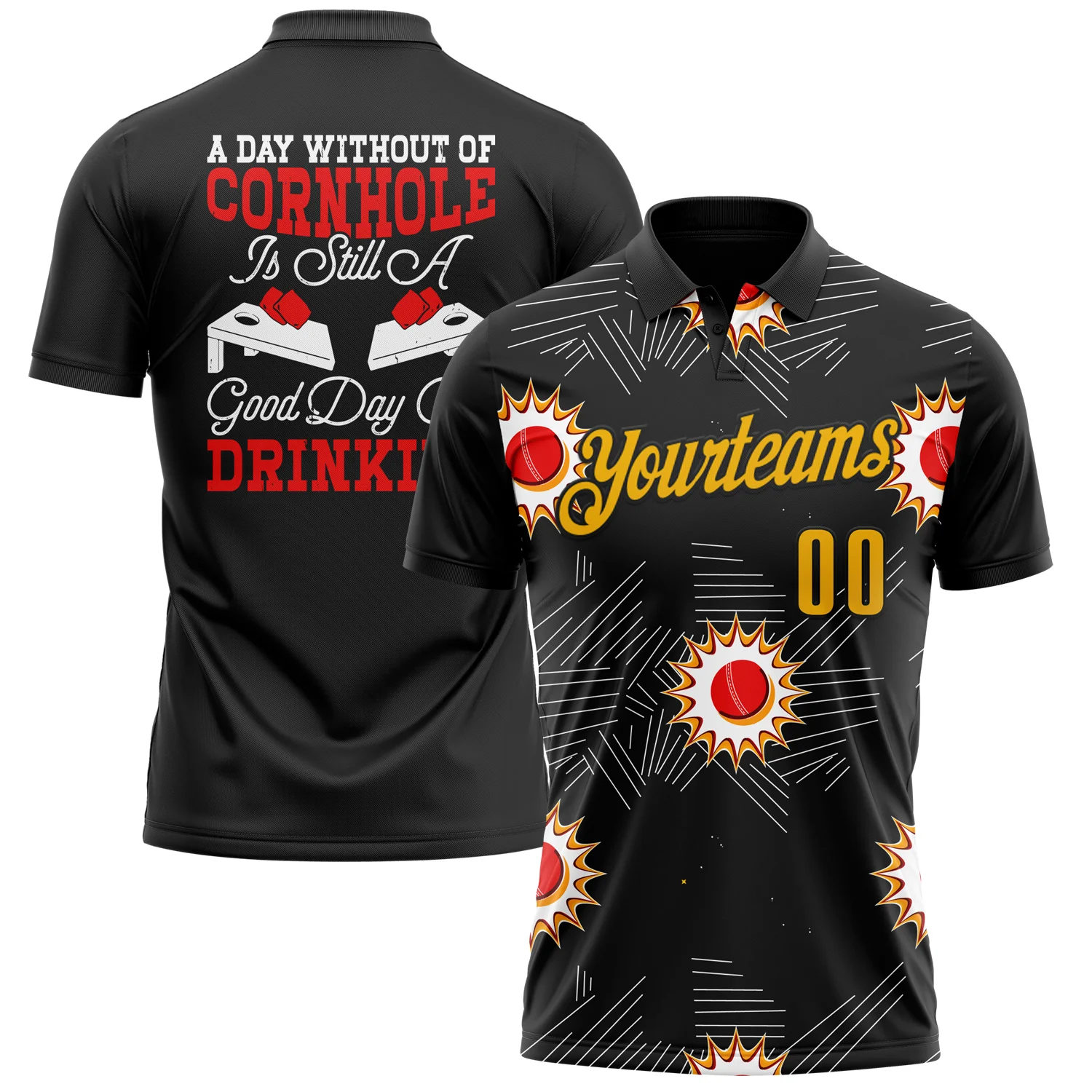 Custom Black Gold-Red 3D Cornhole Performance Polo Shirt
