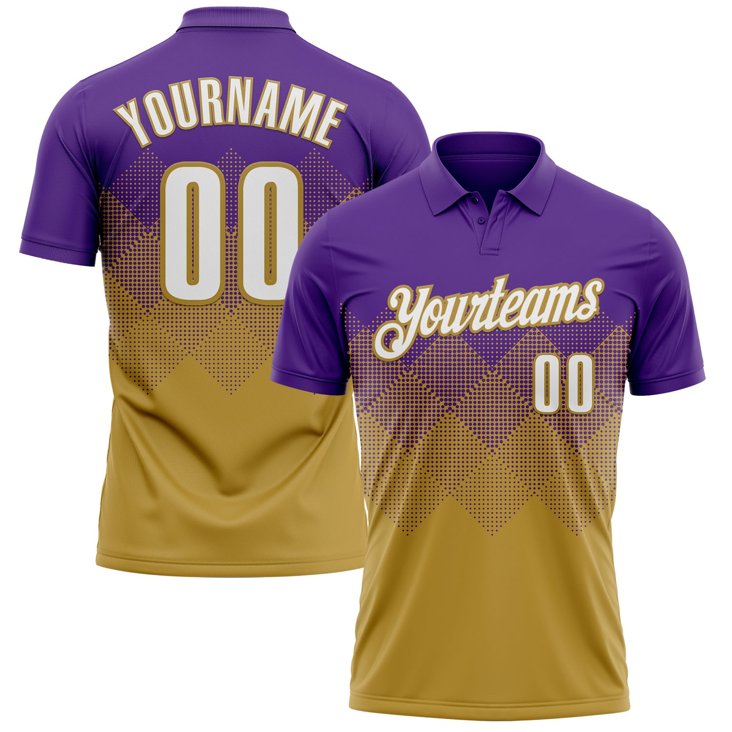 Custom Purple White-Old Gold 3D Gradient Square Shape Performance Polo Shirt
