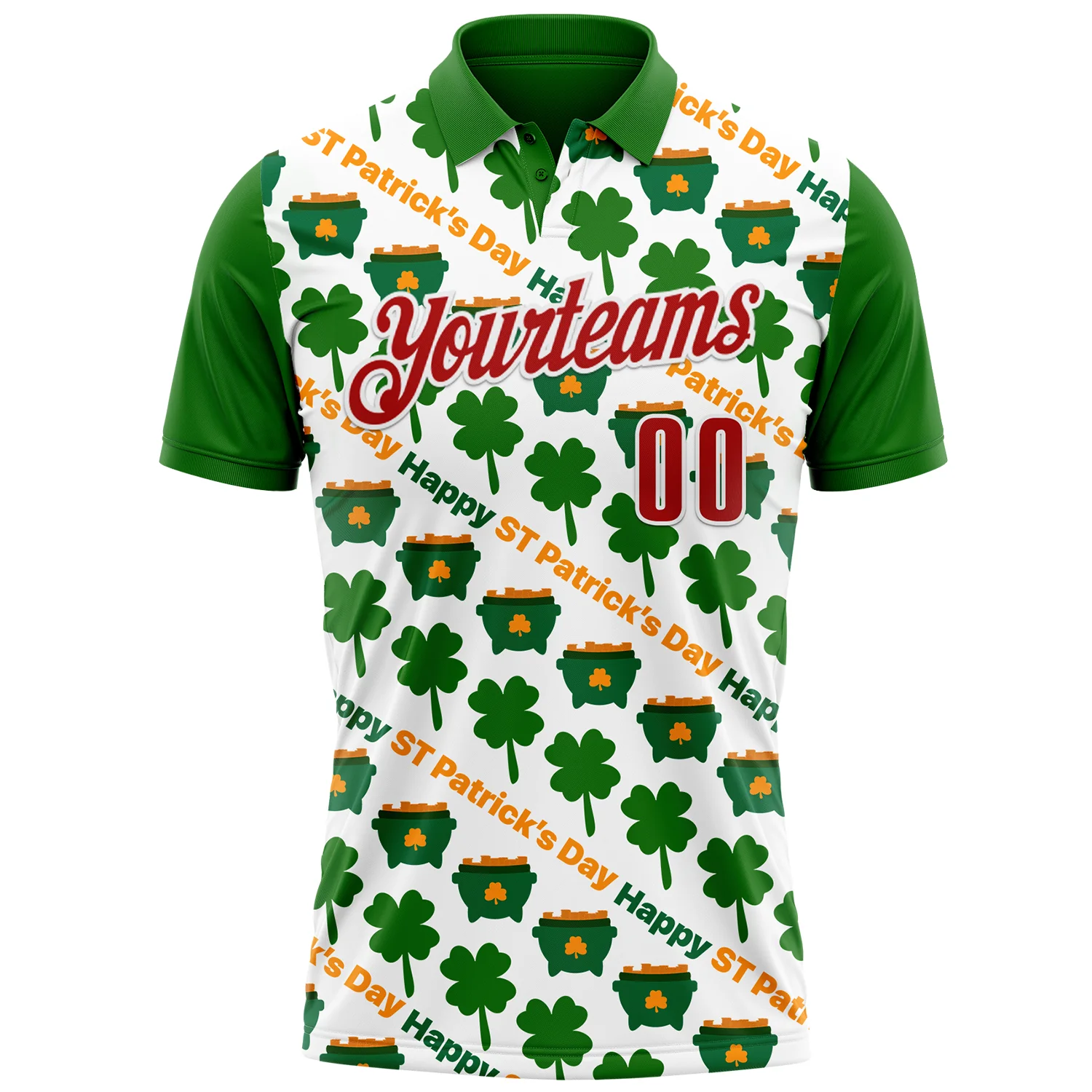 Custom White Red-Green 3D St. Patrick's Day Shamrock Performance Polo Shirt