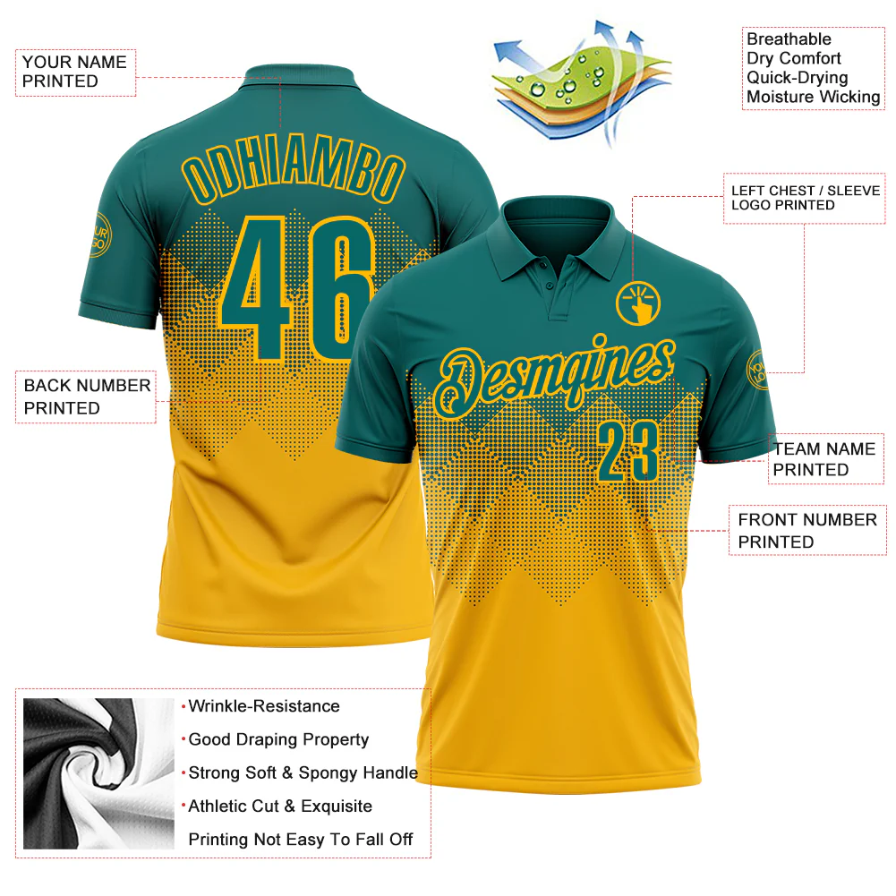 Custom Teal Gold 3D Gradient Square Shape Performance Polo Shirt