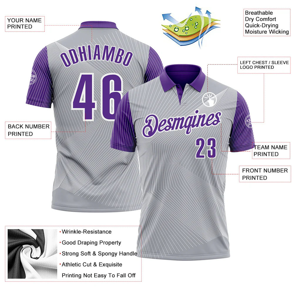 Custom Gray Purple-White 3D Bowling Line Performance Polo Shirt