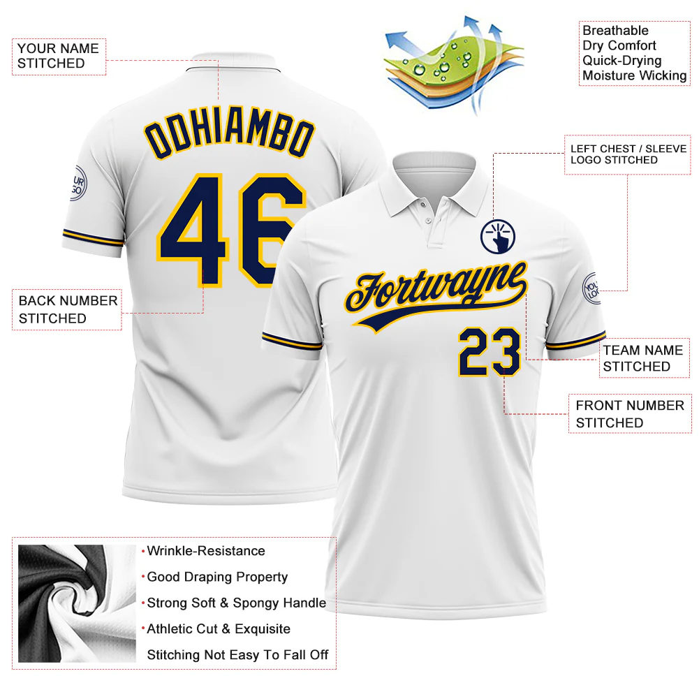 Custom White Navy-Yellow Performance Vapor Golf Polo Shirt