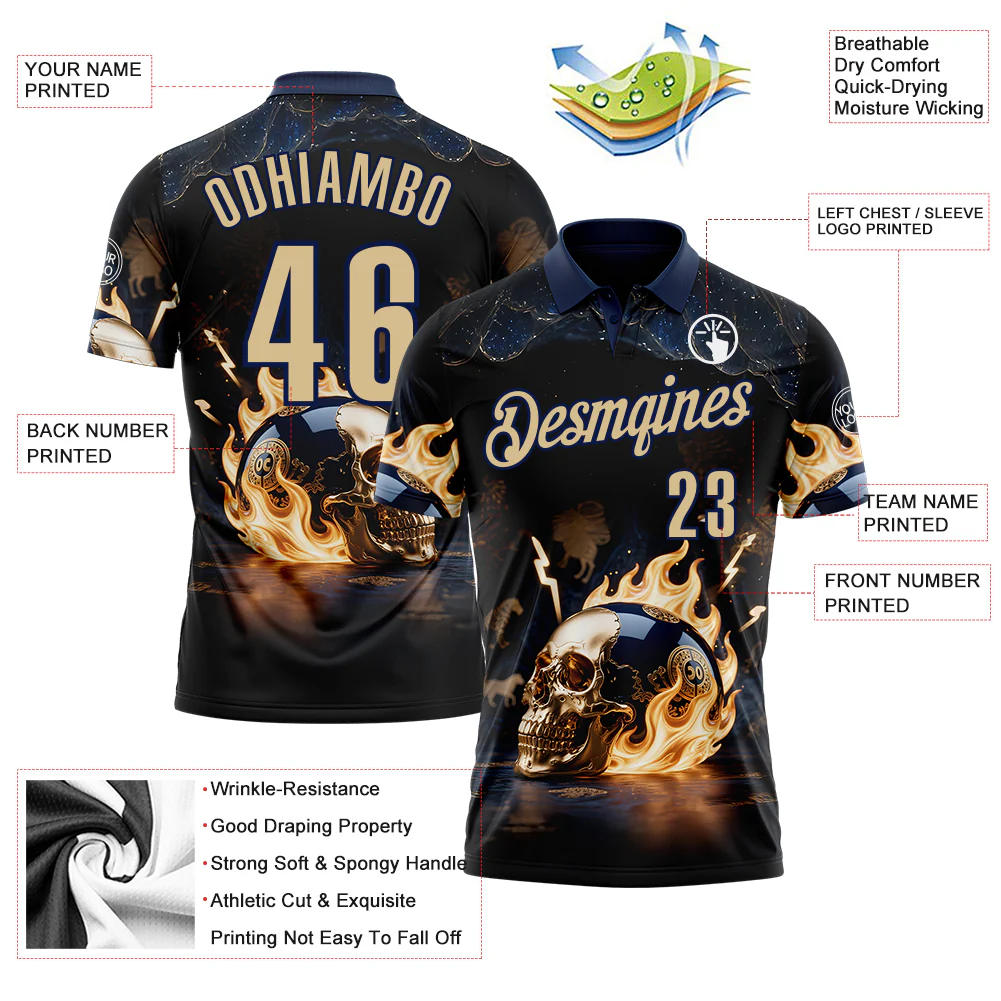 Custom Navy Vegas Gold 3D Flame Skull Bowling Performance Polo Shirt