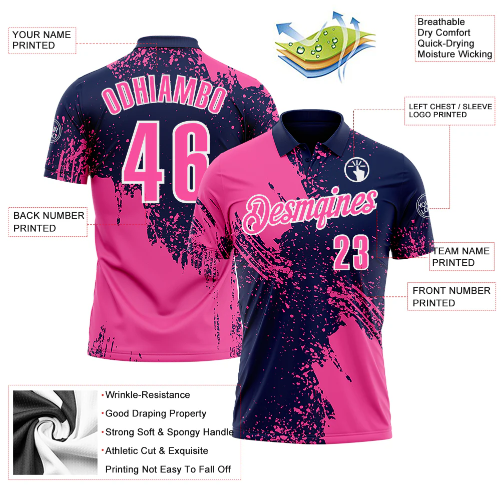 Custom Pink Navy-White 3D Pattern Design Abstract Brush Stroke Performance Polo Shirt
