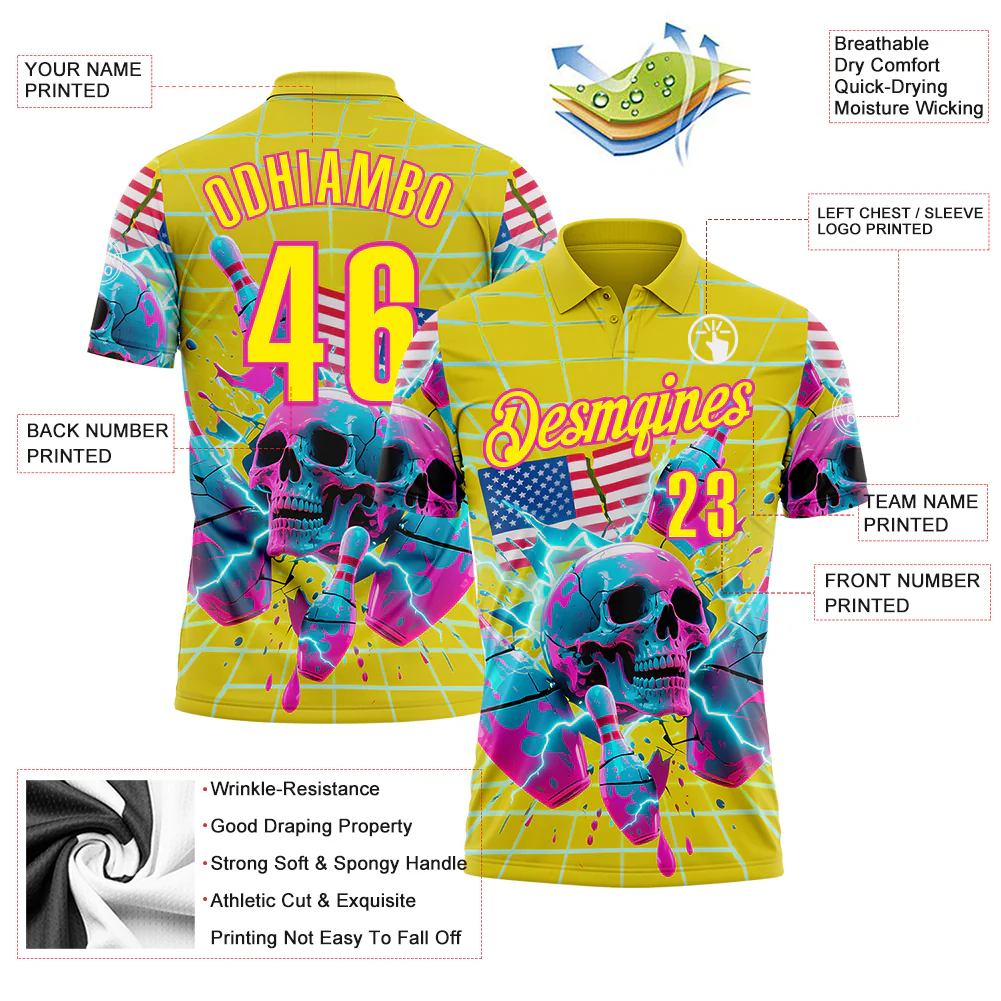 Custom Gold Light Yellow-Deep Pink 3D American Flag Splash Lightning Skull Bowling Performance Polo Shirt