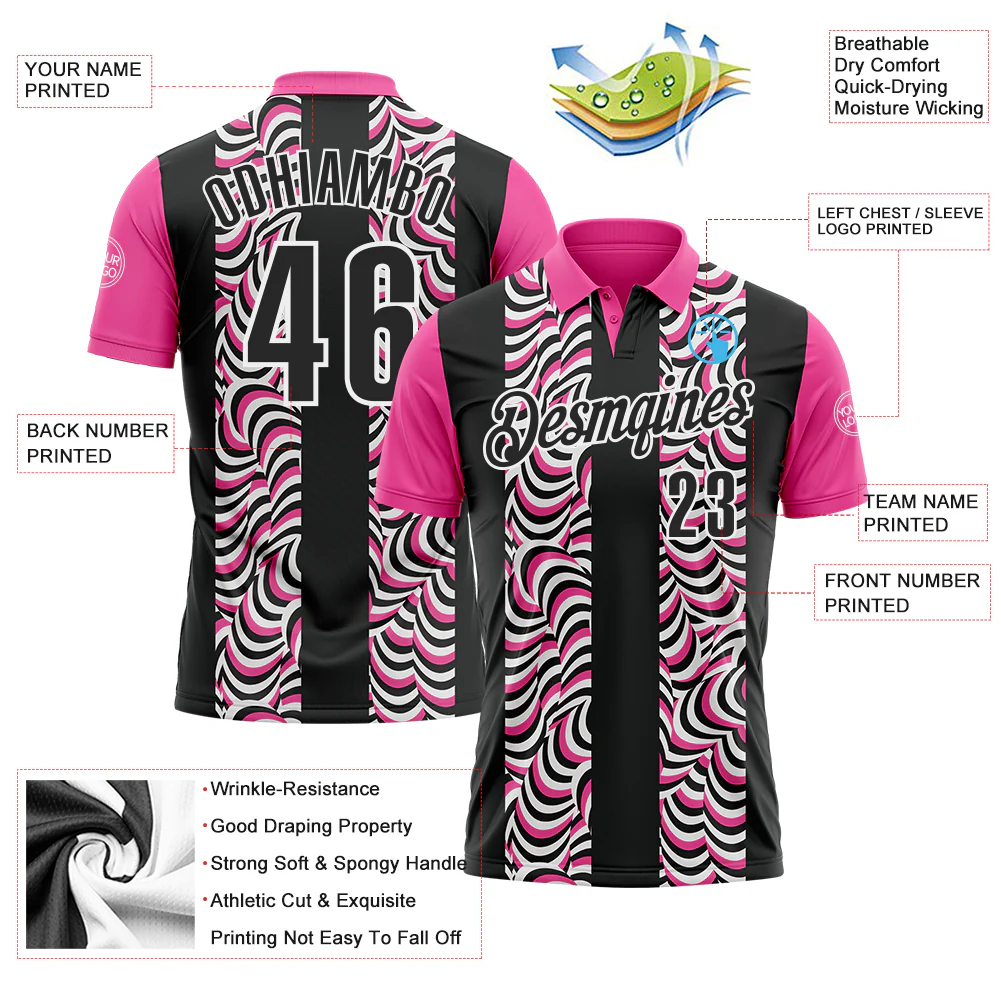 Custom Black Pink-White 3D Bowling Geometric Shape Performance Polo Shirt