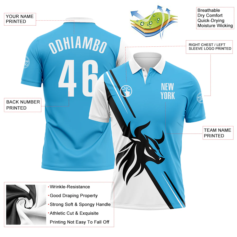 Custom Sky Blue White-Black 3D Pattern Design Animal Bull Performance Polo Shirt