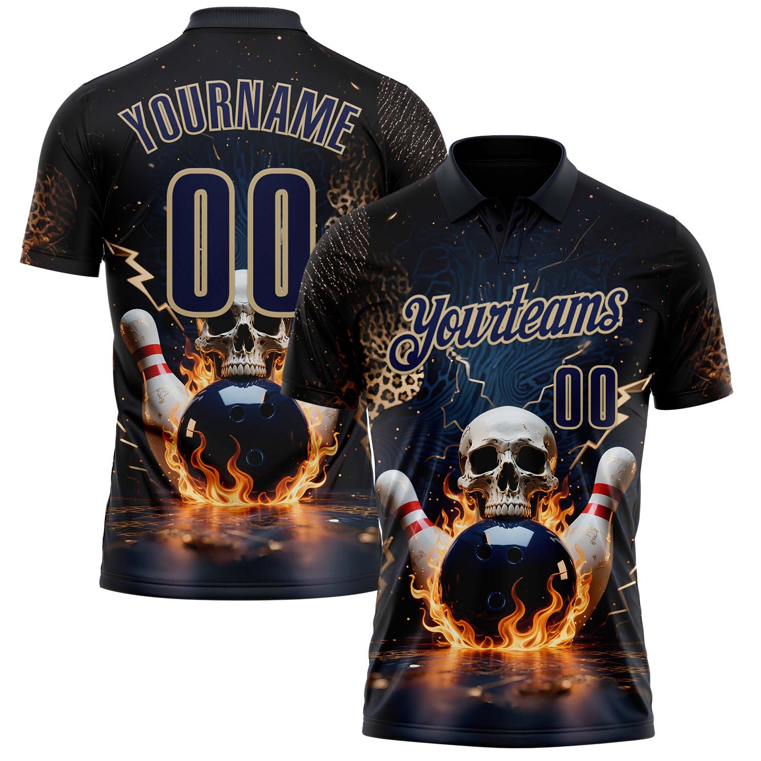 Custom Navy Vegas Gold 3D Flame Leopard Print Skull Bowling Performance Polo Shirt