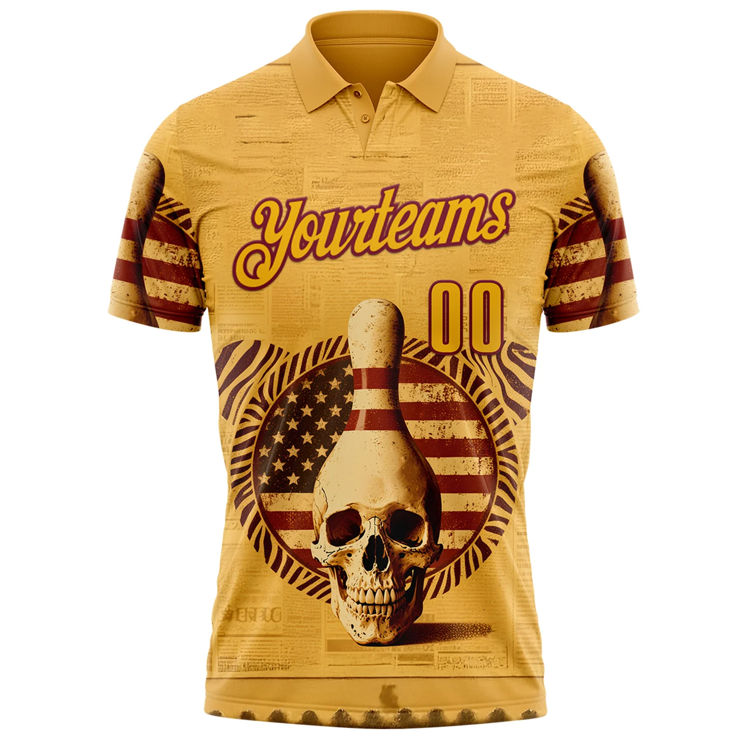 Custom Yellow Gold-Crimson 3D Retro American Flag Skull Bowling Performance Polo Shirt