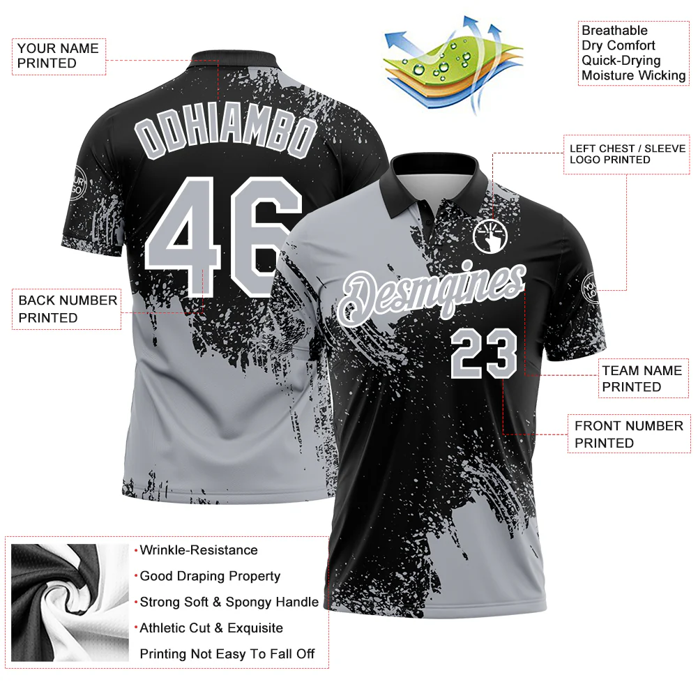 Custom Gray Black-White 3D Pattern Design Abstract Brush Stroke Performance Polo Shirt