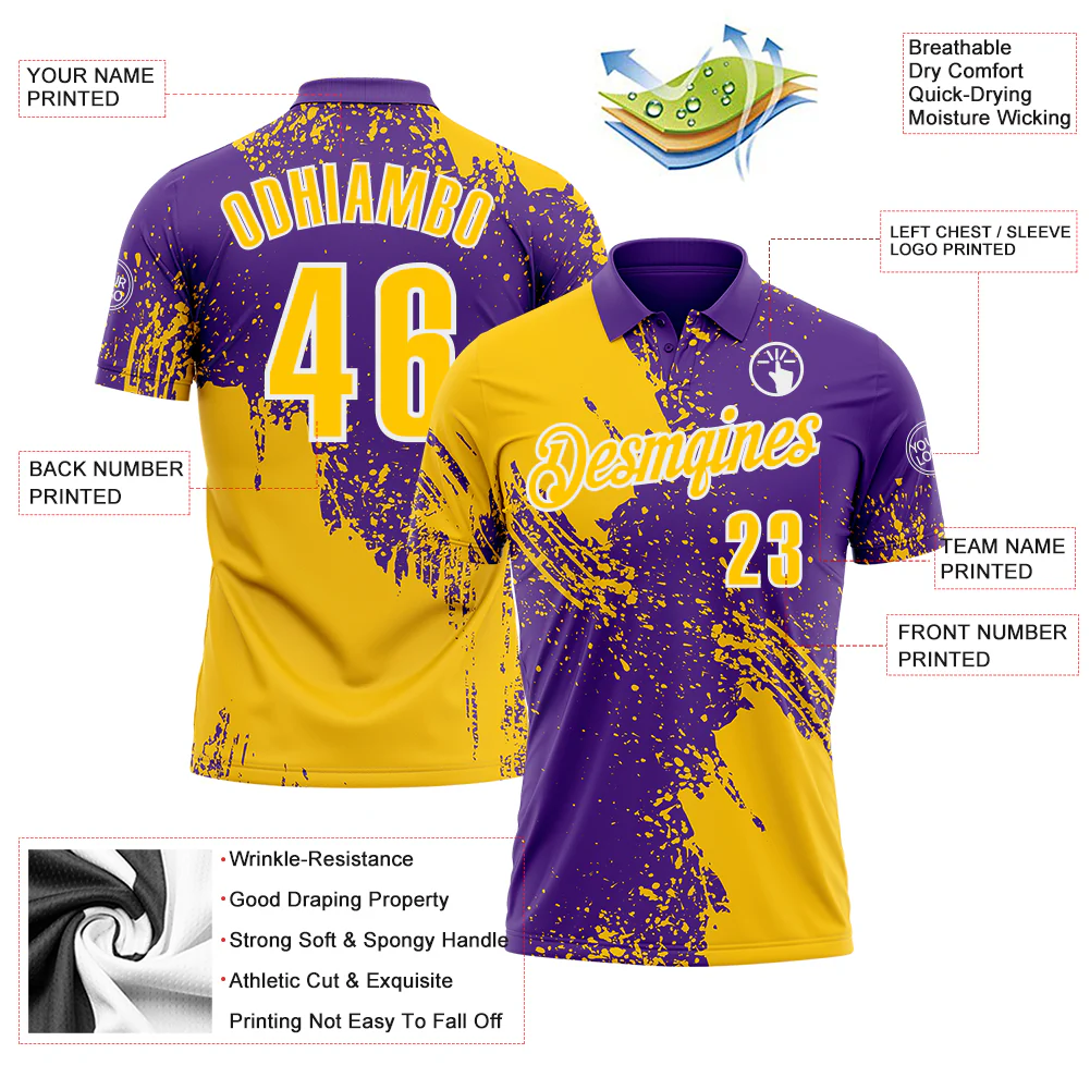 Custom Yellow Purple-White 3D Pattern Design Abstract Brush Stroke Performance Polo Shirt