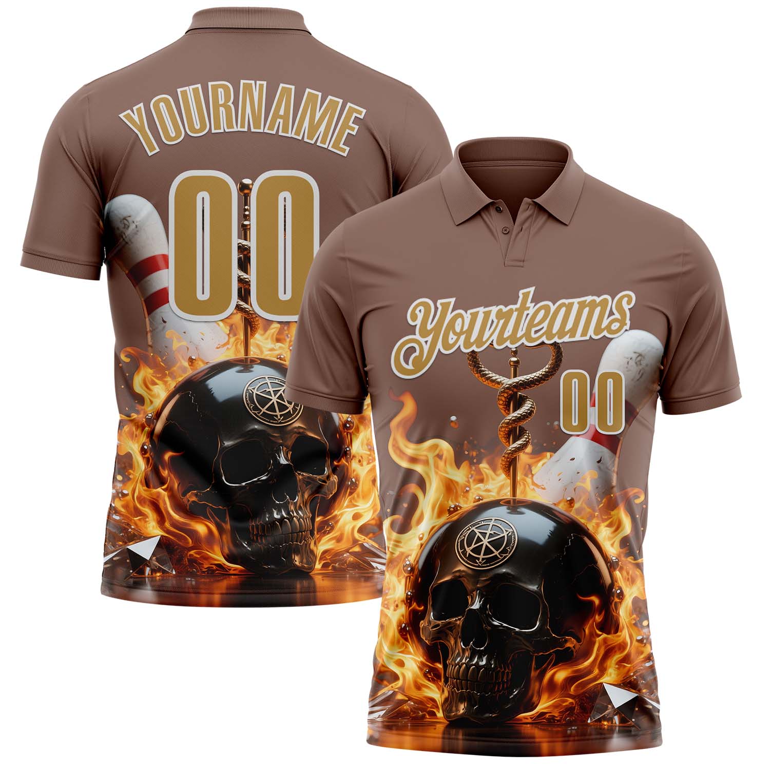 Custom Brown Old Gold-White 3D Flame Skull Bowling Performance Polo Shirt
