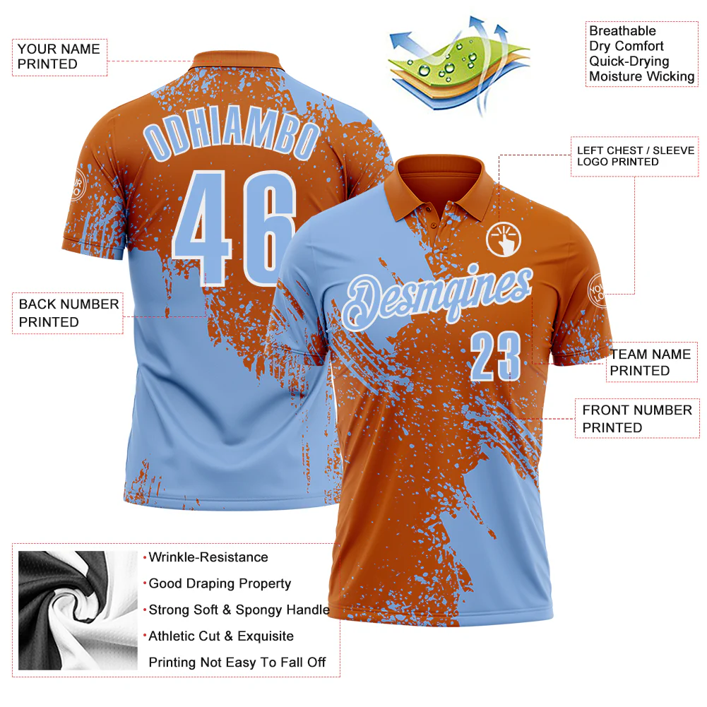 Custom Light Blue Texas Orange-White 3D Pattern Design Abstract Brush Stroke Performance Polo Shirt