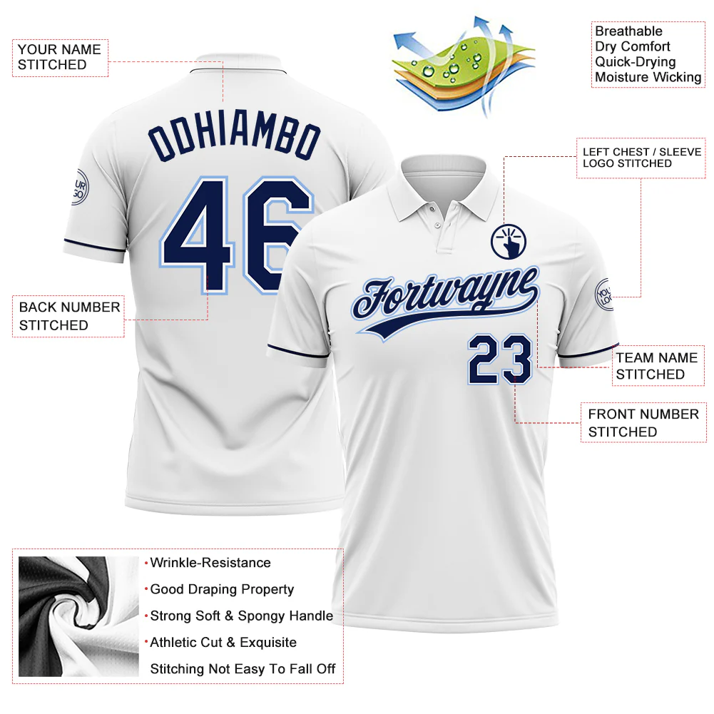 Custom White Navy-Light Blue Performance Vapor Golf Polo Shirt