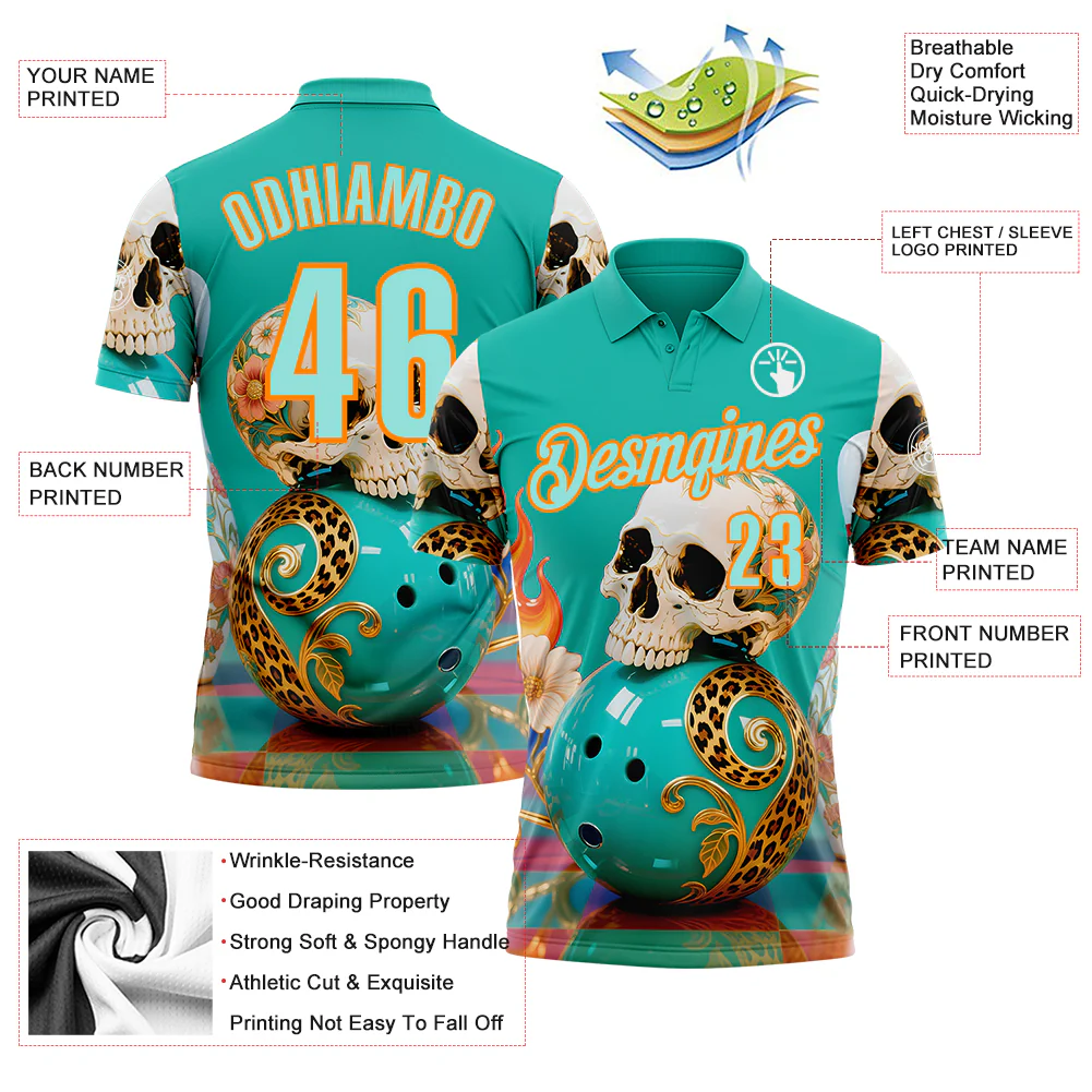 Custom Blue Ice Blue-Bay Orange 3D Floral Leopard Print Flame Skull Bowling Performance Polo Shirt