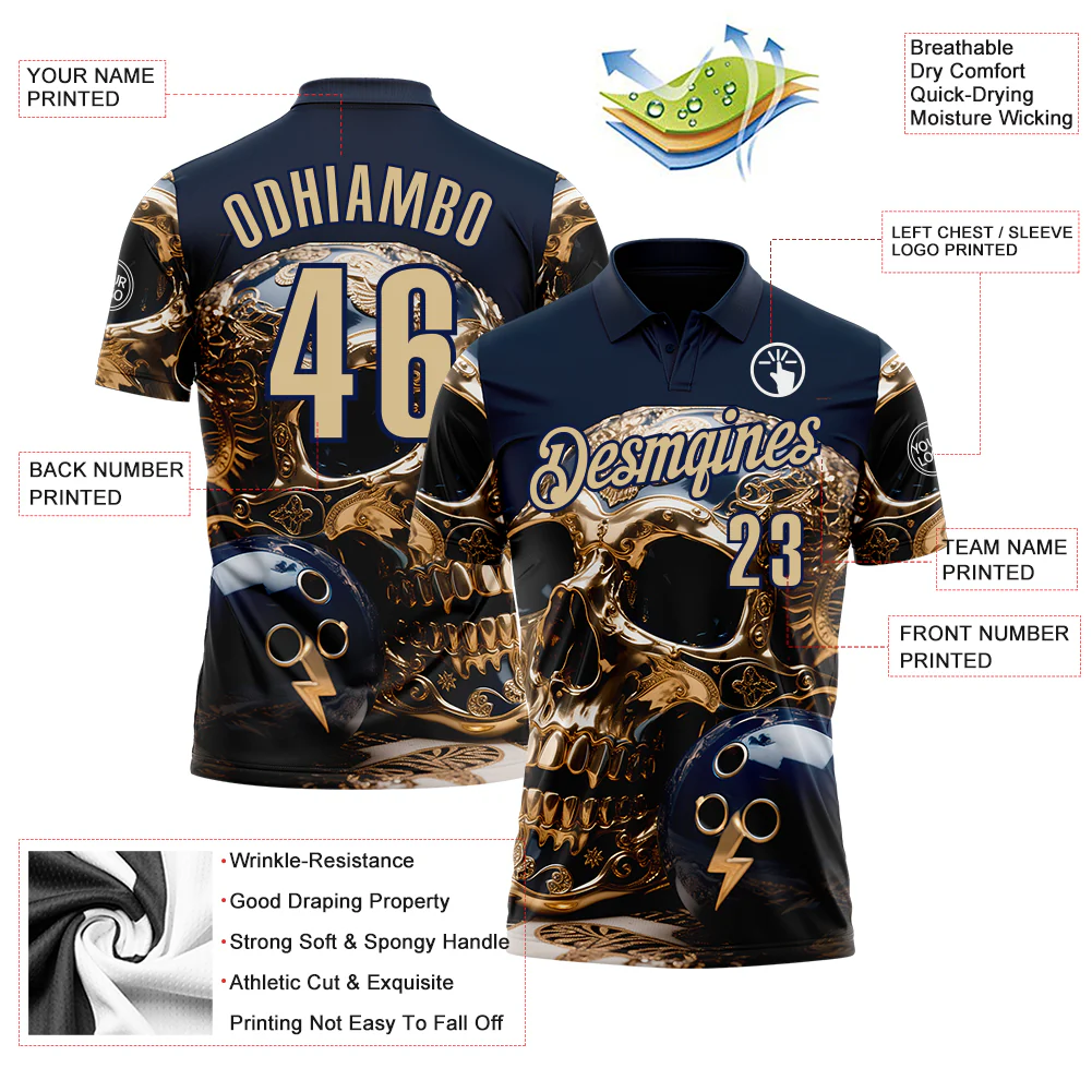 Custom Navy Vegas Gold 3D Metal Skull Bowling Performance Polo Shirt